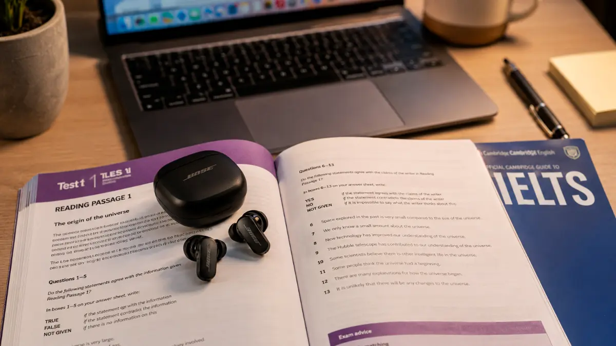 Auricolari con cancellazione attiva del rumore posizionati su un libro di preparazione all'esame IELTS.