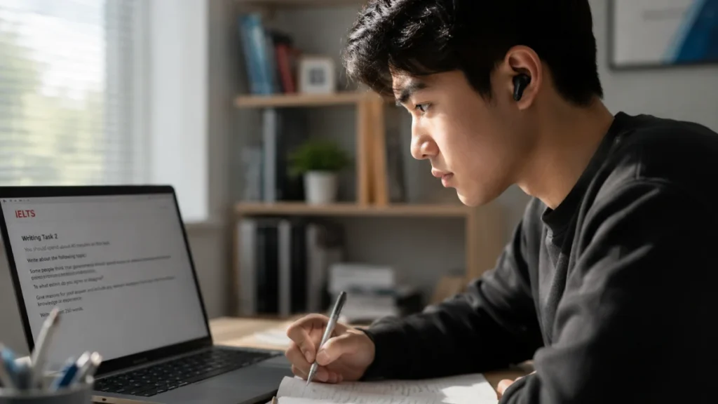Studente che utilizza auricolari in-ear antirumore da studio durante la preparazione del test di inglese.
