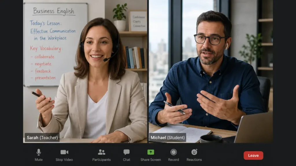 Docente di inglese e professionista durante una lezione di Business English online.