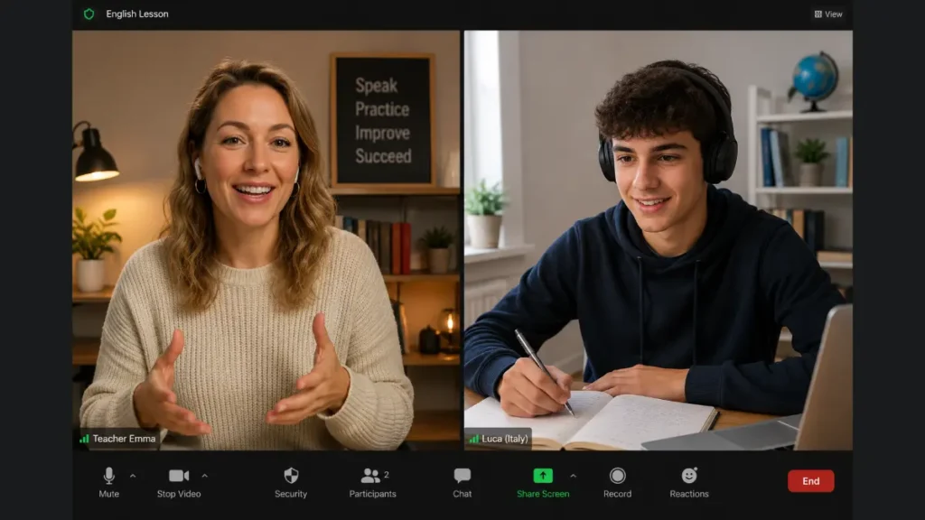 Docente madrelingua in lezione di recupero inglese online con studente