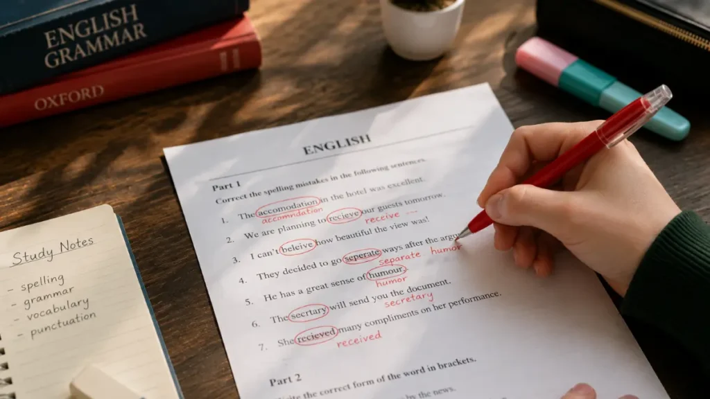 Correzione degli errori di ortografia più comuni in inglese su un foglio d'esame.