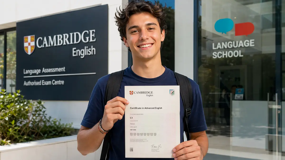 Studente molisano mostra con orgoglio il suo certificato Cambridge B2 ottenuto alla British School Isernia.