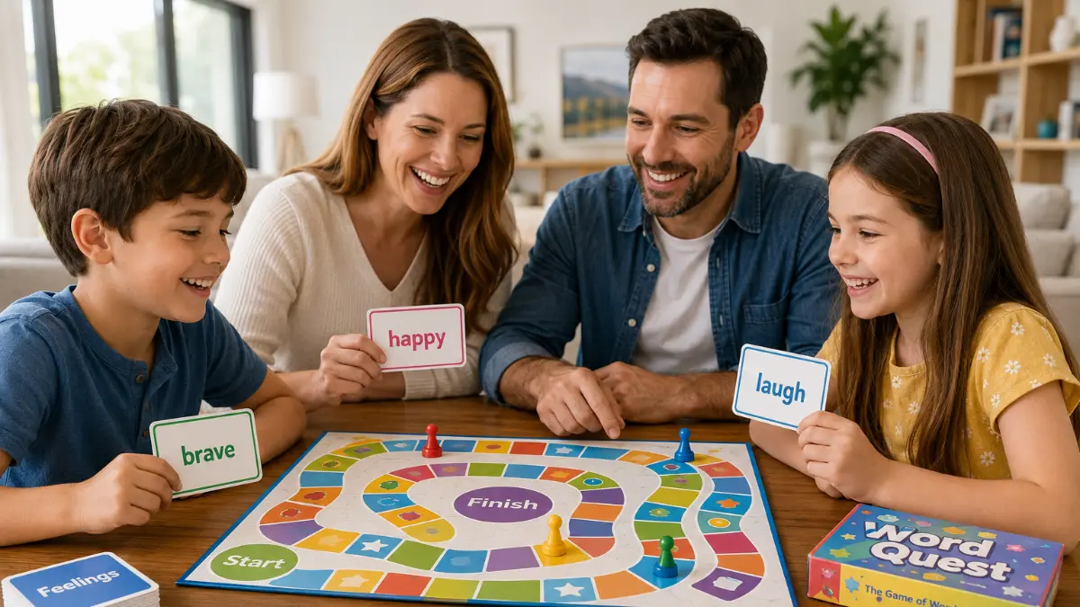 Una famiglia felice che impara utilizzando giochi da tavolo in inglese.