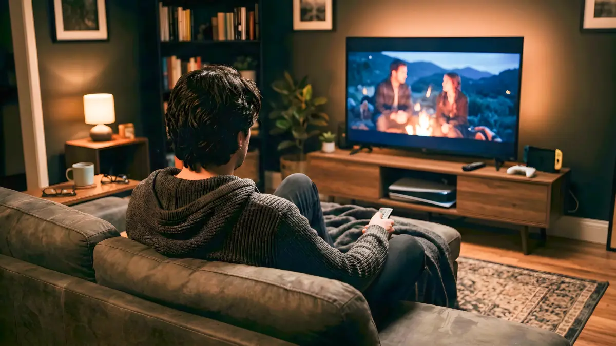 Studente universitario usa una TV per imparare l'inglese con le serie TV e i sottotitoli.
