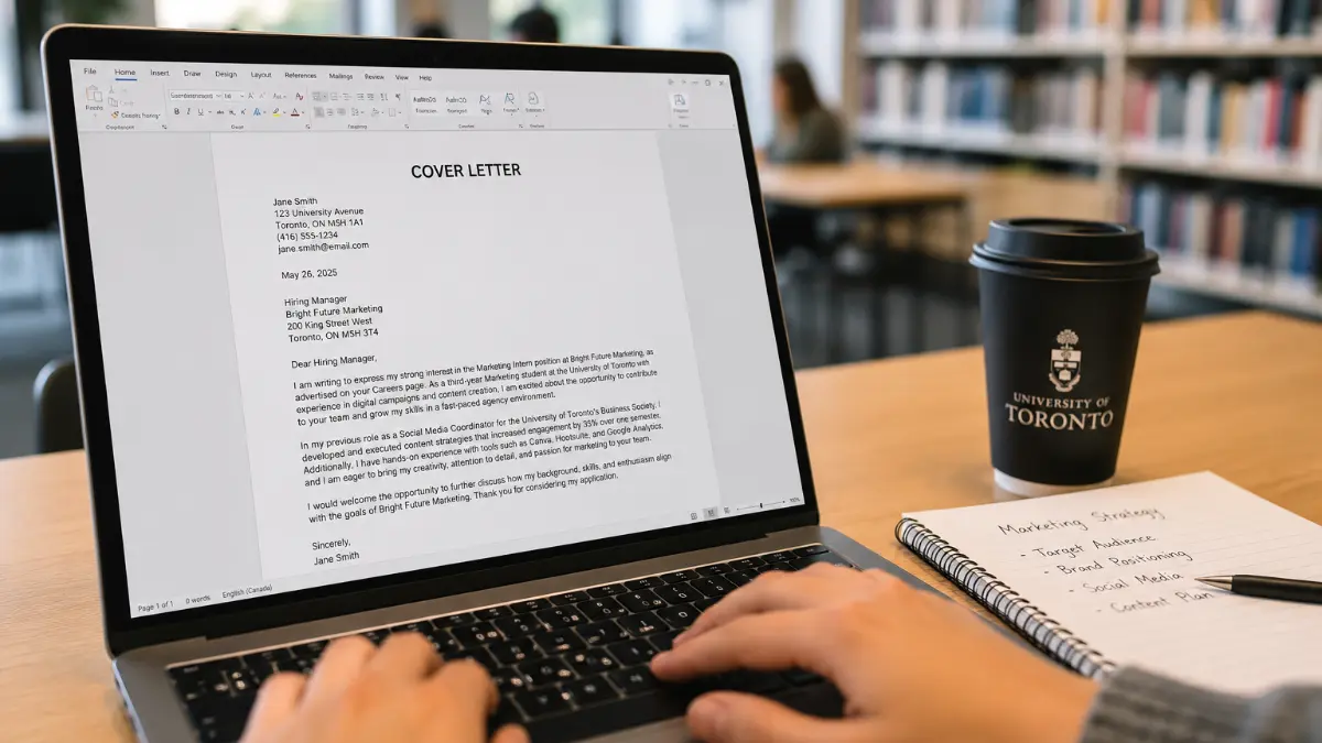 Studente universitario che redige la propria lettera motivazionale Erasmus in inglese su un computer.