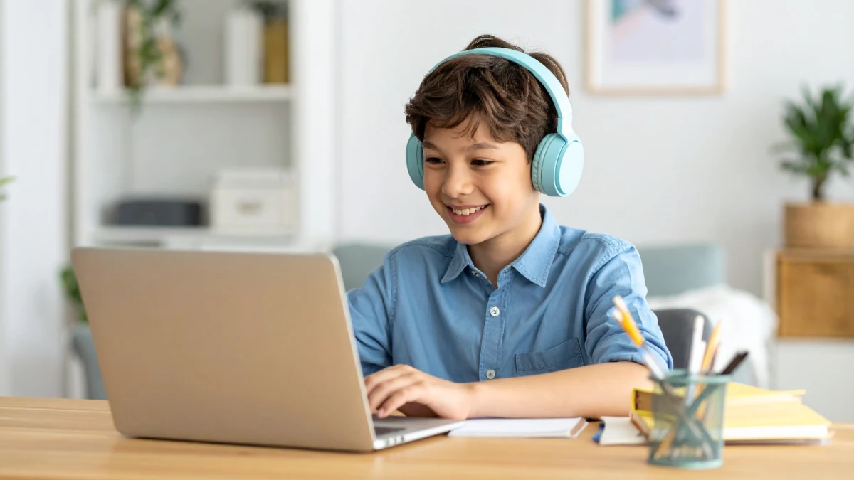 Bambino felice che segue lezioni di inglese online con i docenti della British School Isernia.