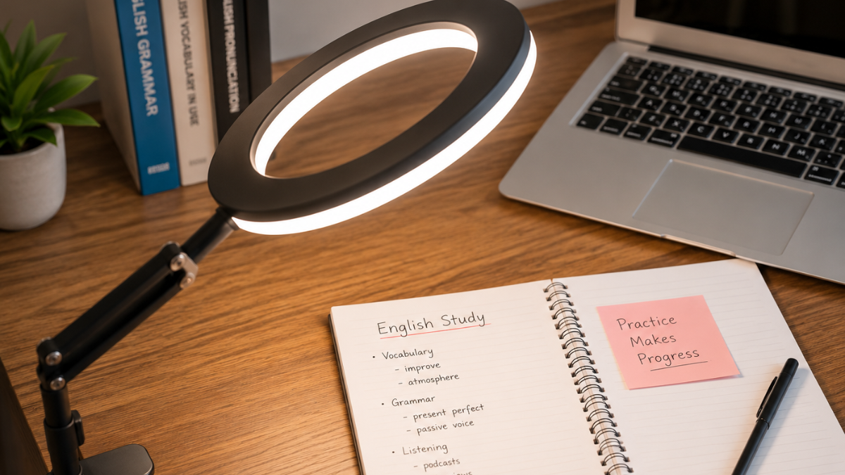 Esempio di utilizzo della migliore ring light da tavolo per pc durante lo studio.