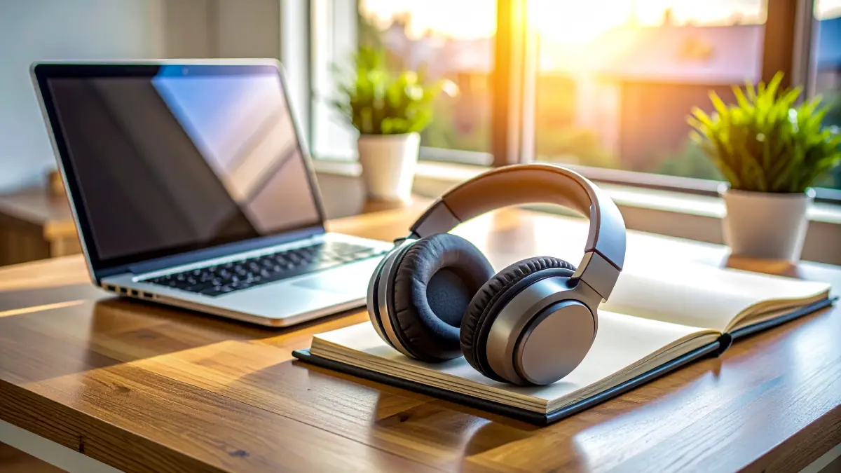 Cuffie con microfono di alta qualità su una scrivania per studiare inglese online.