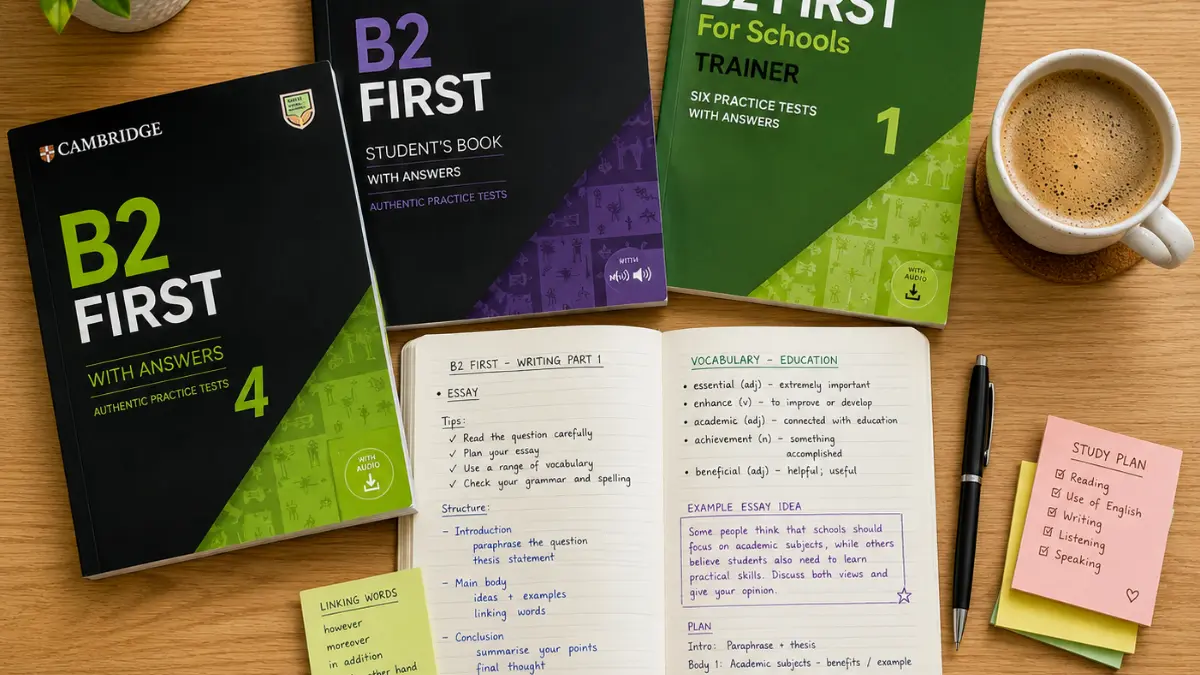 Manuali ufficiali e appunti su una scrivania per la preparazione all'esame B2 First.
