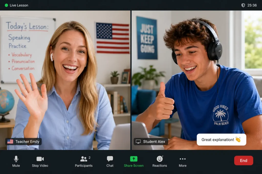 Interazione dal vivo tra docente e studente nella nostra scuola di inglese online estate 2026.