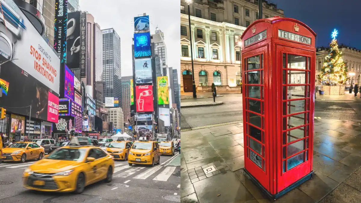Differenze tra slang americano e britannico con i simboli di Londra e New York.
