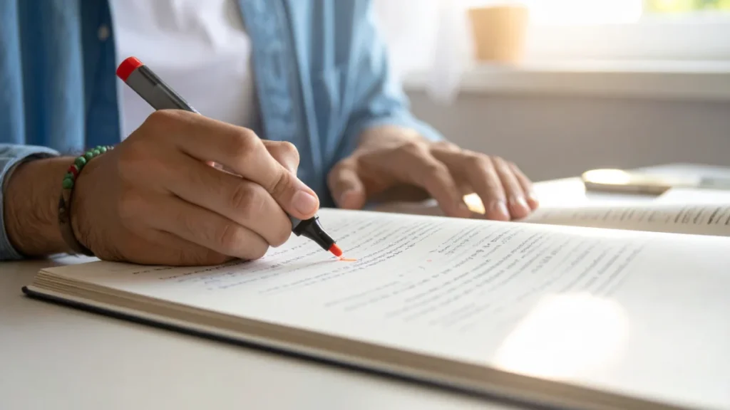 Studente sottolinea un manuale di preparazione per il livello B2 di inglese.