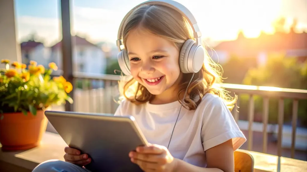 Bambino felice che segue le lezioni estive tramite la Summer Online School dal balcone di casa.